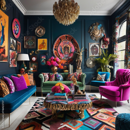 realm of modern maximalism with this eclectic living room interior, where every corner tells a vibrant story of personality and style.