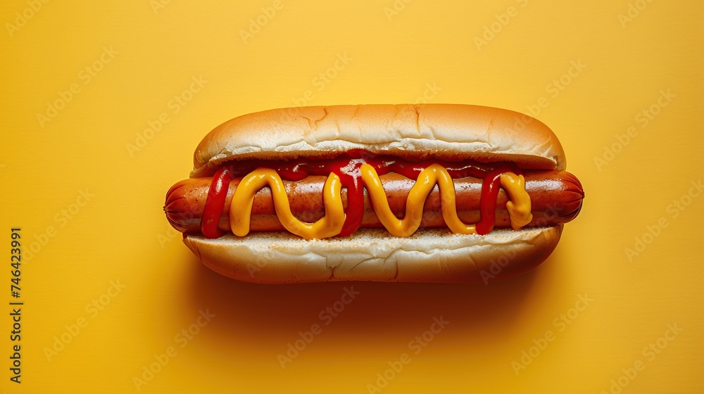 One Hot dog with mustard and ketchup closeup on minimalistic background. Created with Generative AI One Hot dog with mustard and ketchup closeup on minimalistic background. Created with Generative AI