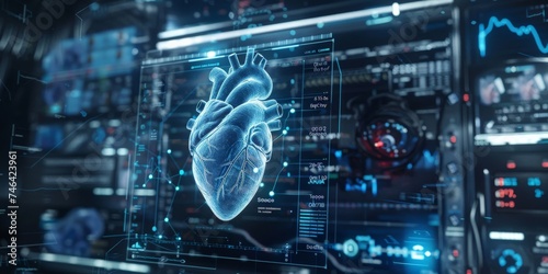 Cardiologist diagnosis patient heart testing result and human anatomy with database electronic medical record on network. AI, Innovation and technology, Digital healthcare on futuristic hologram. photo
