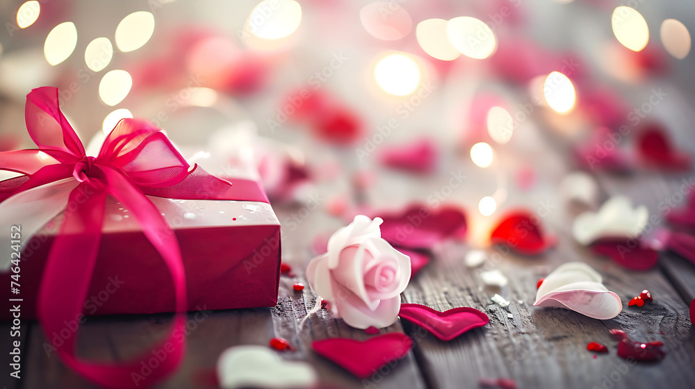 Valentine's day gift with rose flowers.Flat lay Valentine's day gift with rose flowers.Flat lay