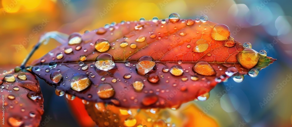 This close-up shot showcases a leaf covered in multiple water droplets. The droplets glisten in the light, reflecting the surroundings. Each droplet sits delicately on the leafs surface, creating a This close-up shot showcases a leaf covered in multiple water droplets. The droplets glisten in the light, reflecting the surroundings. Each droplet sits delicately on the leafs surface, creating a