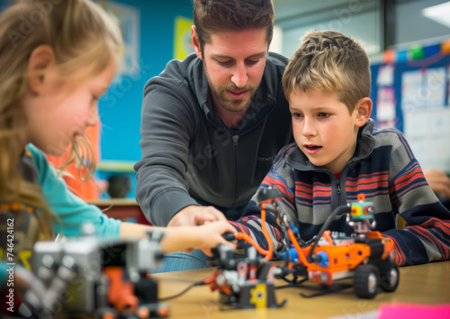 Children with disabilities are involved in a robot building group, a circle for children