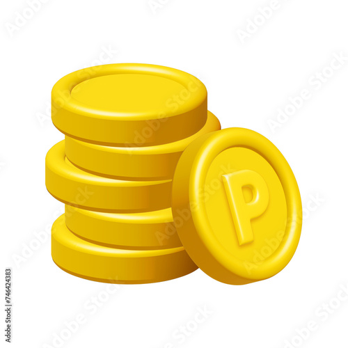 3d stack of point coin and collectables isolated on white background. Design element illustration PNG.