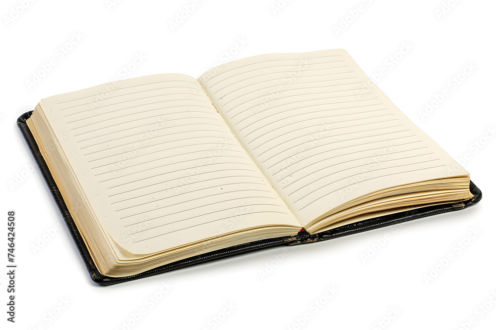 Blank opened notebook isolated on white background