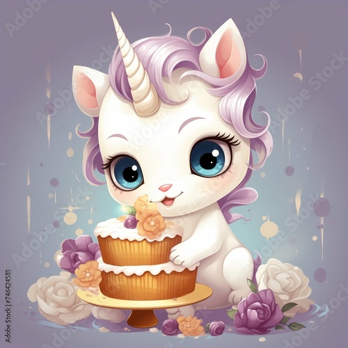 Vector Illustration. Baby unicorn celebrates happy birthday. Used for design of greeting cards, banner, invitation. © Svetlana