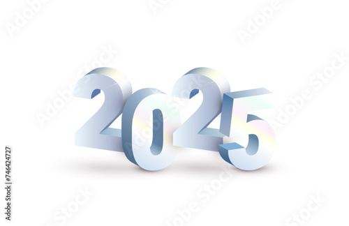 Realistic shiny 3D silver numbers 2025 on white background. Vector chrome greeting 2025 New Year design element for web, print concept, graduation design, yearbook