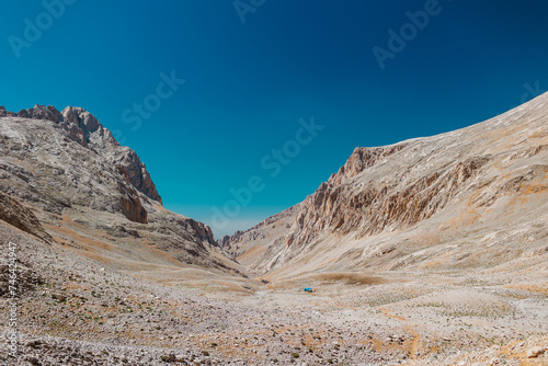 Aladaglar National Park. Cloudy mountain landscape. Transmountain trips. Trekking Aladaghlar. Turkey..