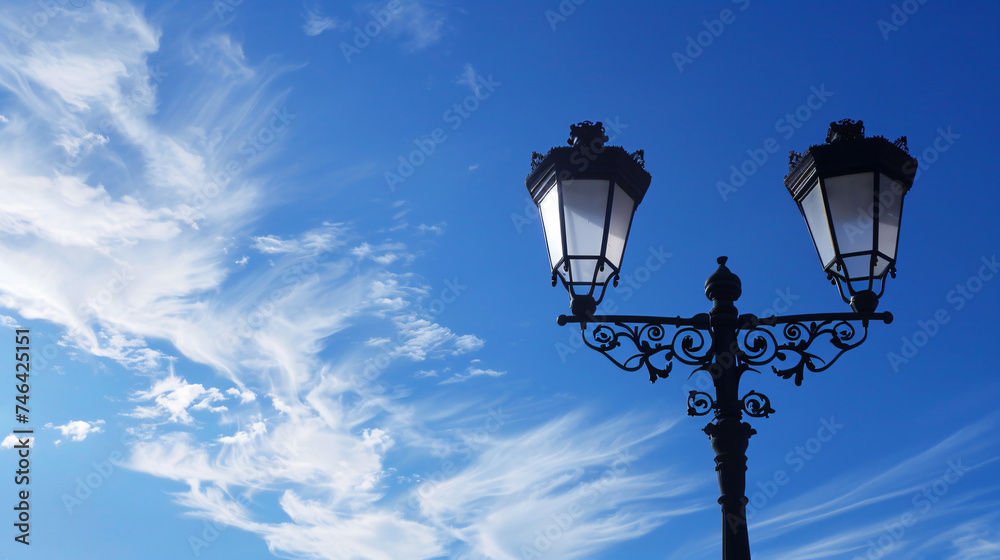 Profile of a city lamp against a blue sky.