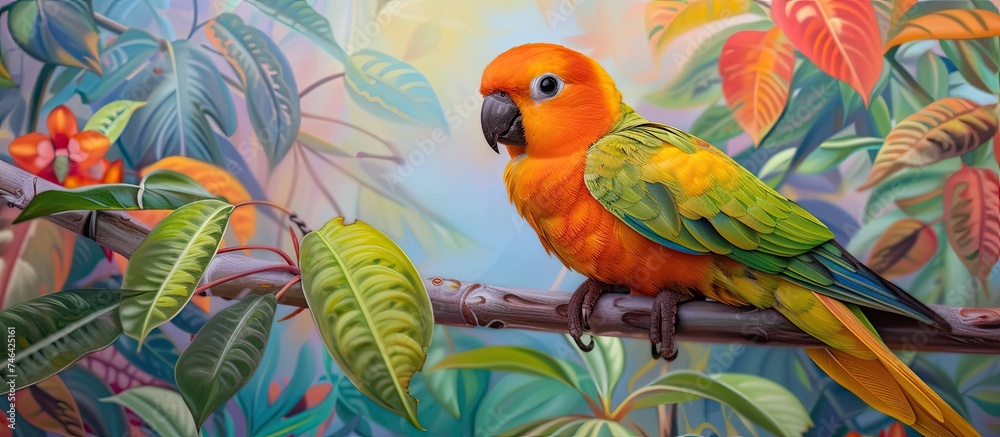 Fototapeta premium A vibrant small orange, yellow, and green parrot perches on a colorful branch in this painting. The parrot is depicted in a realistic style, showcasing its detailed feathers and bright colors.