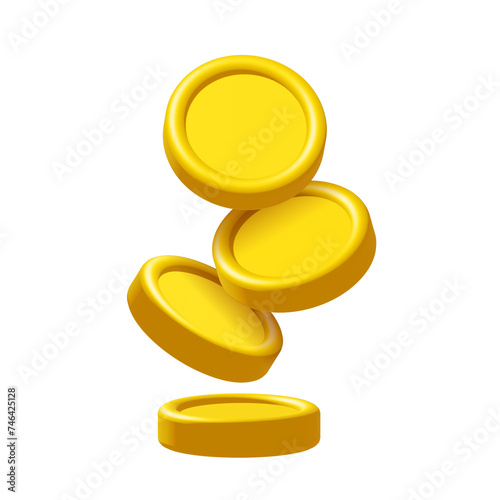 3d falling gold coins isolated on white background. Design element illustration PNG.