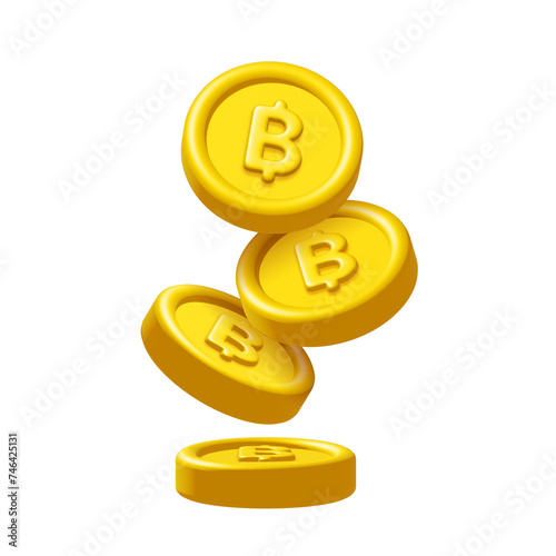 3d falling bitcoins or gold thai baht coins isolated on white background. Design element illustration PNG.