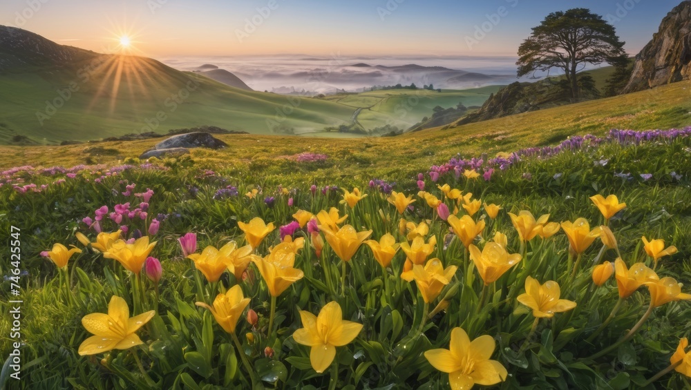 Landscape of a variety spring flowers blooming under a dreamy sun light in a tranquil spring morning