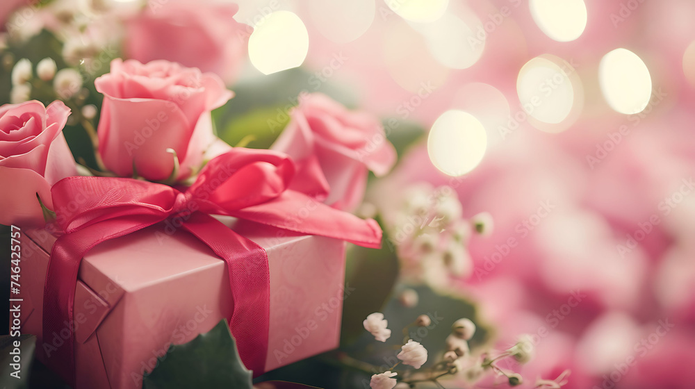 Valentine's day gift with rose flowers.Flat lay Valentine's day gift with rose flowers.Flat lay