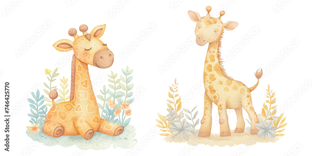 Naklejka premium cute giraffe soft watercolour vector illustration