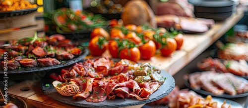 A table at a restaurant is filled with various plates of food, all covered in a variety of meats ranging from beef to pork. The spread showcases a selection of meat appetizers ready to be enjoyed.