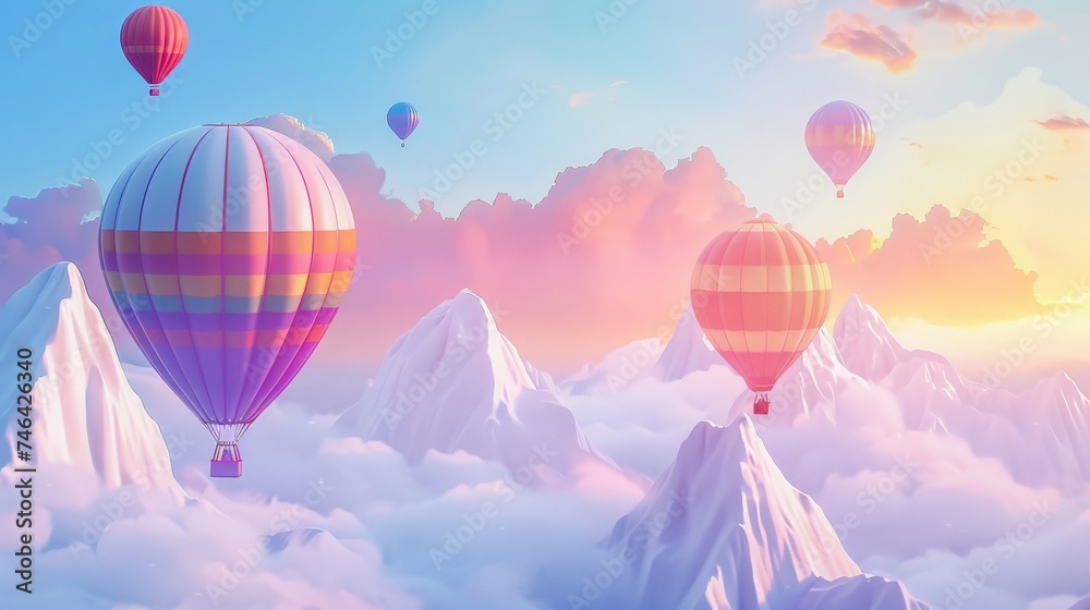 Fototapeta premium Colorful hot air balloons flying above high mountain at sunrise with beautiful sky background