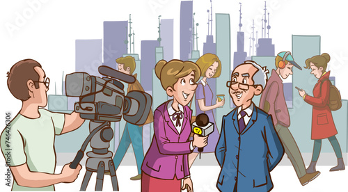 vector illustration of journalist doing street interview