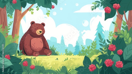 bear in a fairy forest with raspberries illustration.