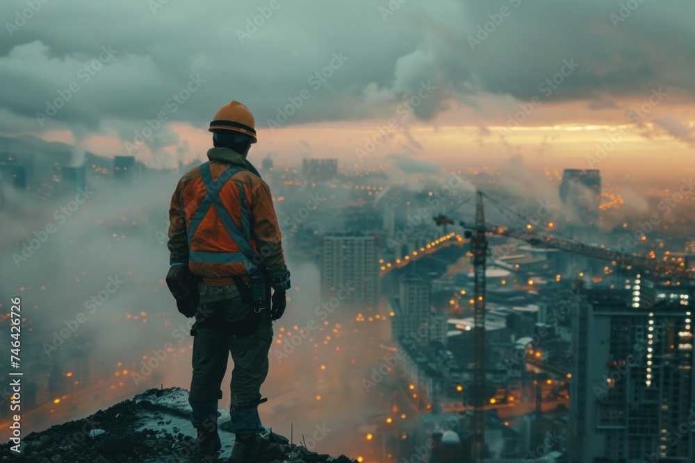 A male engineer on a construction site inspecting materials at the highest point of a building.