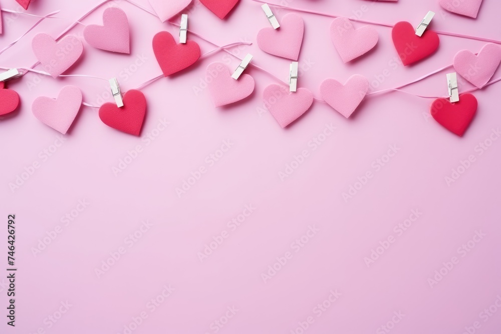 Heart shapes clipped on a string over pink. Pink Hearts and Clothespins on String