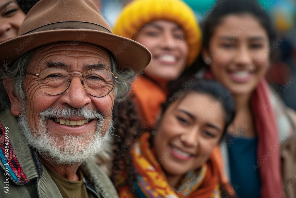 Elderly man with glasses and hat smiling with group of young people in a joyful moment captured on camera Elderly man with glasses and hat smiling with group of young people in a joyful moment captured on camera