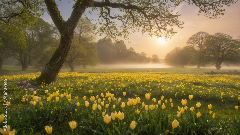 Landscape of a variety spring flowers blooming under a dreamy sun light in a tranquil spring morning Landscape of a variety spring flowers blooming under a dreamy sun light in a tranquil spring morning