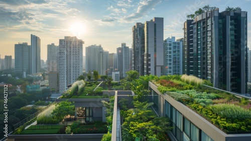 Skyline View of Eco-Friendly Urban Rooftop Gardens 