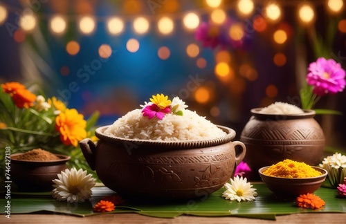 Pongal celebration background with traditional dish rice In pot and flowers decoration