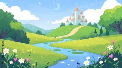 cartoon castle on the mountain with river illustration.