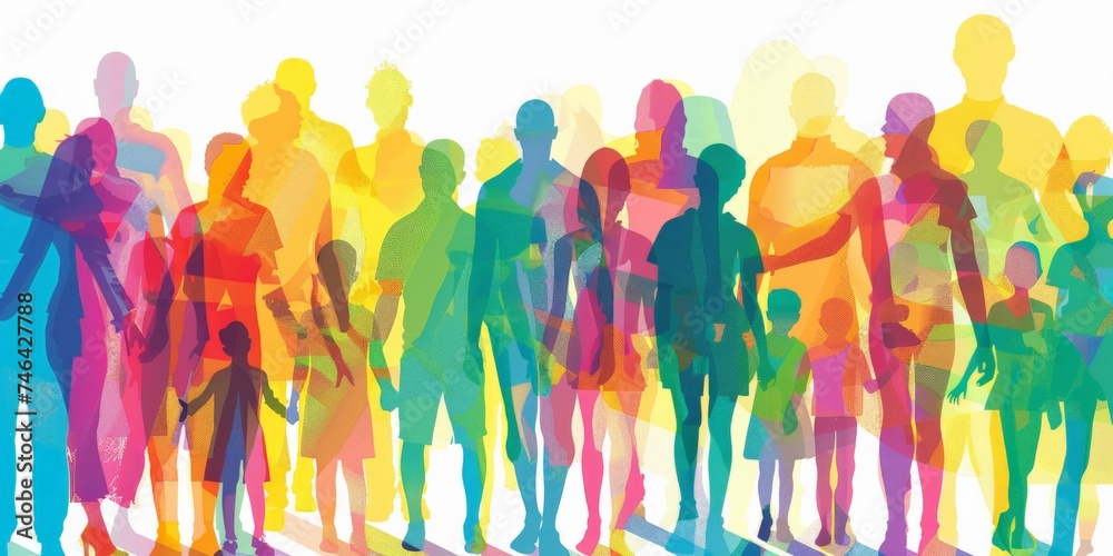 Colorful upper body silhouettes of people from many generations as a population concept - obrazy, fototapety, plakaty 