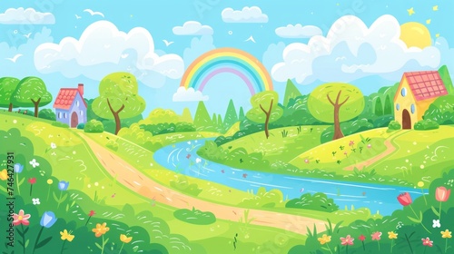 cartoon houses with rainbow and river illustration.