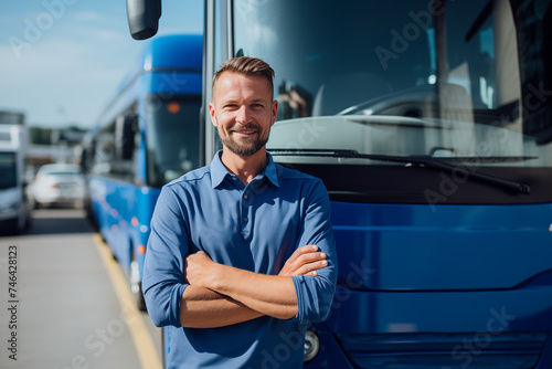 A male bus driver poses at the bus station in front of the transport company bus photo