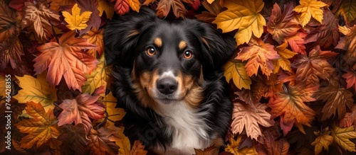 Adorable dog enjoying autumn: cute canine sitting in vibrant pile of colorful leaves photo