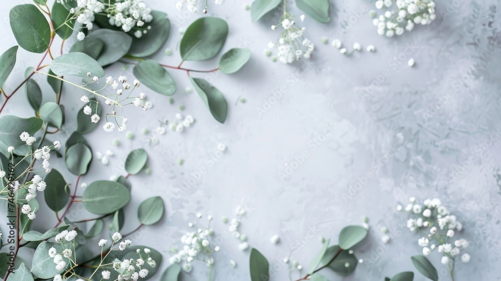Obraz premium Top view of eucalyptus leaves and white flowers on a light gray stone background. Flat lay, copy space.