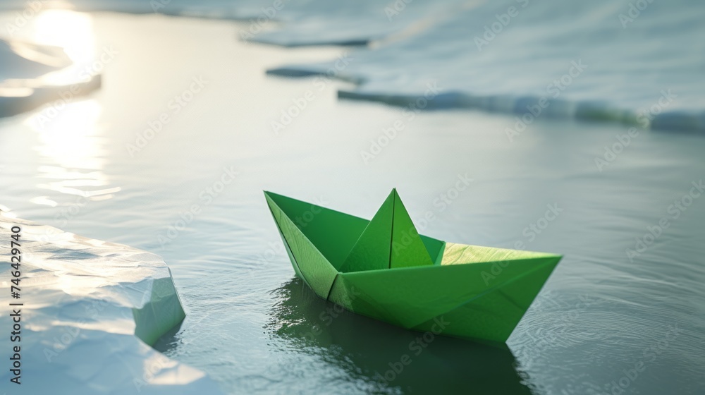 green paper boat on the water. green paper boat on the water.