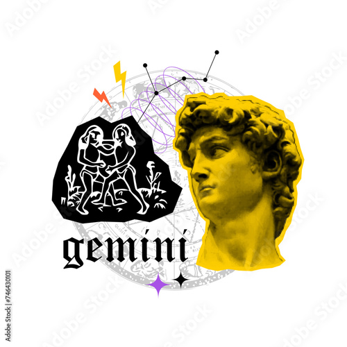 Zodiac astrology horoscope collage with cutout shape, doodle element. Gemini. Popart collage grunge art. Retro halftone vintage effect. Greece modern face. Retro pop psychedelic esoteric horoscope