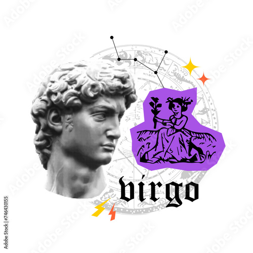 Zodiac astrology horoscope collage with cutout shape, doodle element. Virgo. Popart collage grunge art. Retro halftone vintage effect. Greece modern face. Retro pop psychedelic esoteric horoscope