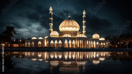 The beautiful serene mosque at night in the blessed month of ramadan the illuminated Generative AI