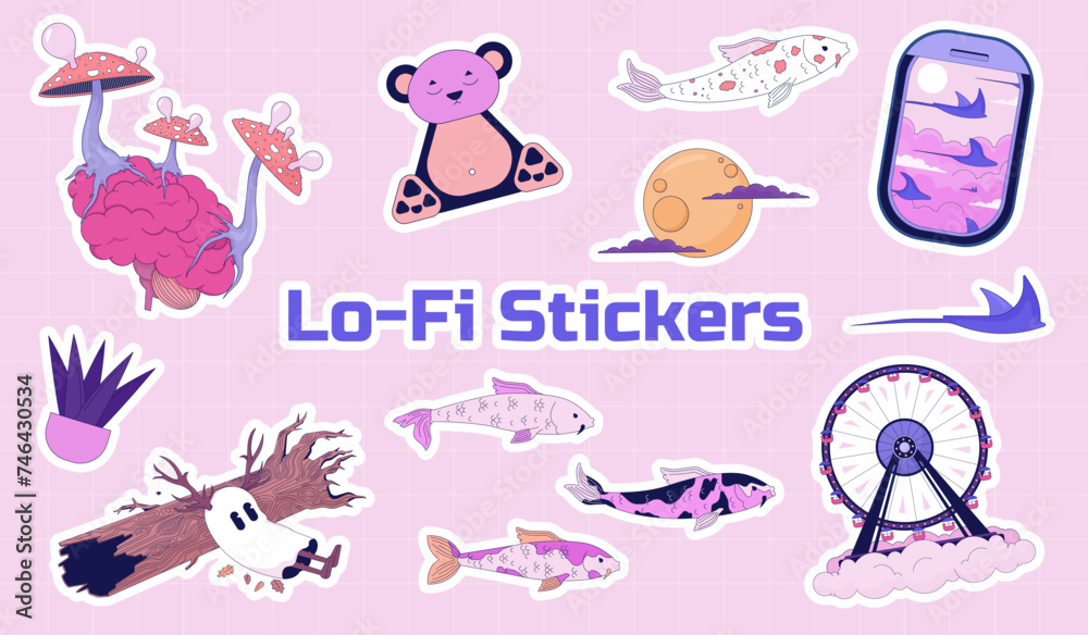 Surreal fantasy cute stickers sheet. Cute ghost, trippy mushrooms kawaii vector illustration set. Carp koi, ray fish, ferris wheel 2D images scrapbooking elements lo fi. Magical cartoon printables