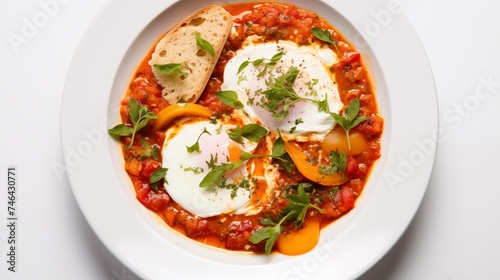 Shakshuka Sautéed peppers, tomato sauce, ricotta cheese, and poached eggs, on a white round plate, on a white background, top view