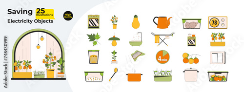 Conserving energy at household 2D linear cartoon objects bundle. Home appliances isolated line vector items white background. Saving on electric bills color flat spot illustration collection