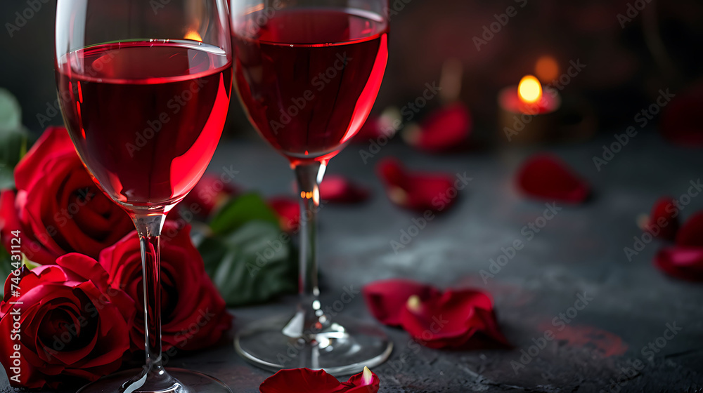 Romantic composition with red rose and wine glasses