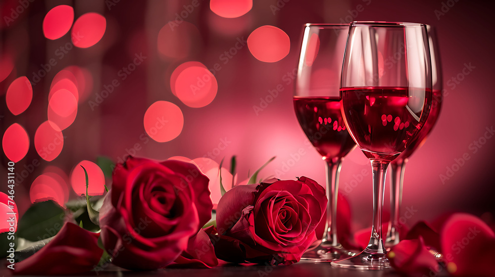 Romantic composition with red rose and wine glasses Romantic composition with red rose and wine glasses