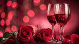 Romantic composition with red rose and wine glasses