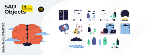 Seasonal depression weather 2D linear cartoon objects bundle. Seasons change, workplace, landscape isolated line vector items white background. SAD symptoms color flat spot illustration collection