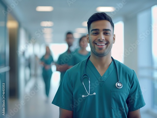 Smiling nurse in uniform in hospital corridor