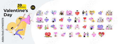 Romance Valentines day 2D linear illustrations concepts bundle. Diverse couple cartoon characters isolated on white. Romantic 14 february metaphors abstract flat vector outline graphic collection
