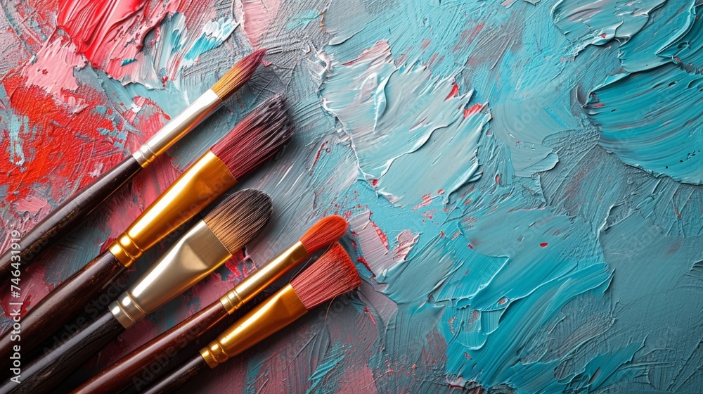 Fototapeta premium Collection of colorful paint brushes on vibrant red and blue brushstroke background