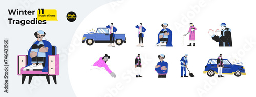 Freezing cold weather line cartoon flat illustration bundle. Winter outerwear diverse women, men 2D lineart characters isolated on white background. Wintertime dangers vector color image collection
