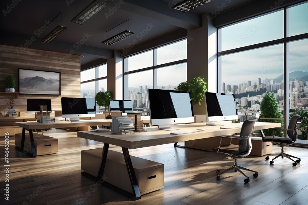 Modern office workspace with sleek desks and computers.
